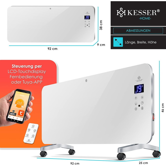 KESSER® Electric Glass Heater Glass Convector Electric Heater Heating Radiator ✓ Touchscreen ✓ APP WiFi Function Incl. Remote Control ✓ LCD Display ✓ Timer | Stand-alone or Wall-mounted Unit | 2000 Watts | White