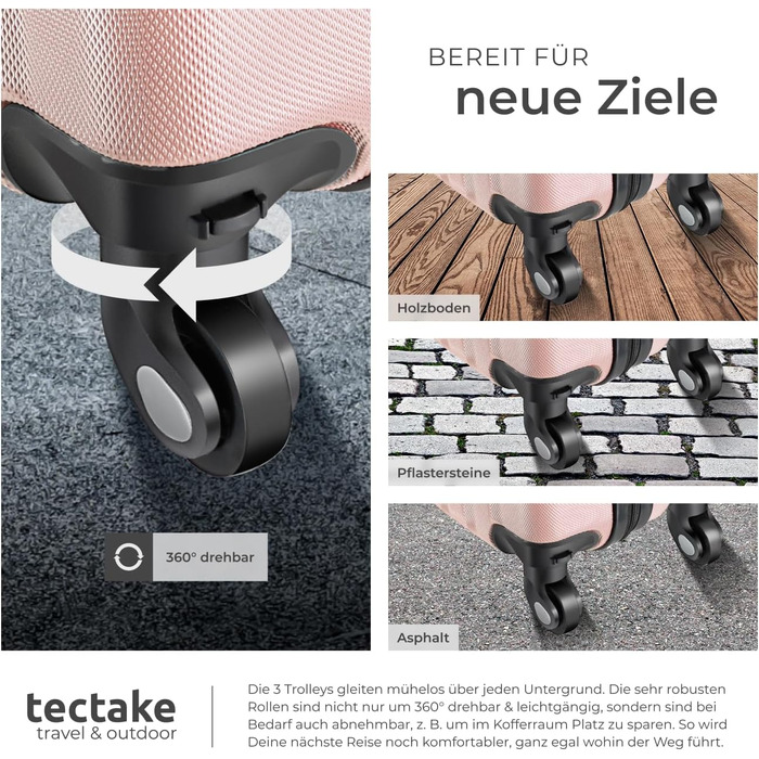 Набір валіз Tectake® (4 шт.) з ваговою та ідентифікатором, 360° колеса, жорсткий корпус із замком, велика валіза, вкладна, ручна, рожеве золото