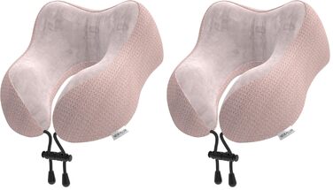 Подушка для шиї в літак та авто з ефектом пам'яті (Memory Foam), м'який оксамитовий чохол, дорожня подушка для дорослих, офісу та дому (набір 2 шт, рожевий)