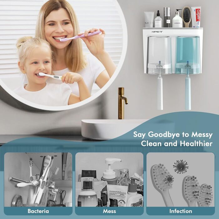 NPET Bathroom Toothbrush Holder, 3 Cups, Toothbrush Holder Set, Wall Mount, Ideal Bathroom Accessory Organization (2 Cups, Grey)
