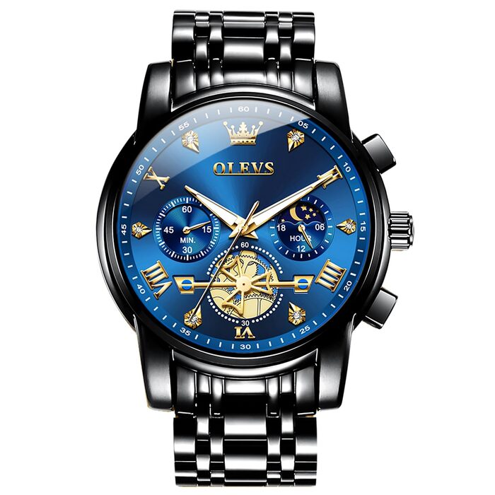 Годинник чоловічий OLEVS з металевим браслетом, кварцовий, з місячною фазою, хронограф, водостійкий, з нержавіючої сталі (2856 Blue / Black)