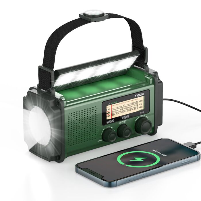 Радіо на сонячній батареї та з ручним заводом Monodeal з Power Bank, аварійне радіо для кемпінгу та надзвичайних ситуацій, вбудований SOS-сигнал, LED-ліхтарик, зелений