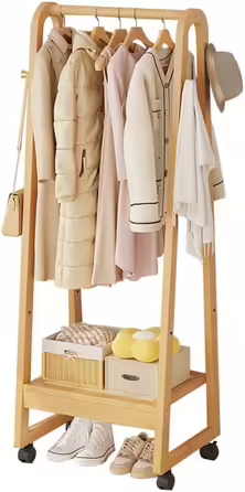 Rolling Garment Rack, Coat Rack, Open Wooden Wardrobe, Wooden Clothes Rail with Blue, Bamboo, Multifunctional, Freestanding, Stable, for Entryway, Living Room and Office (50CM, B)