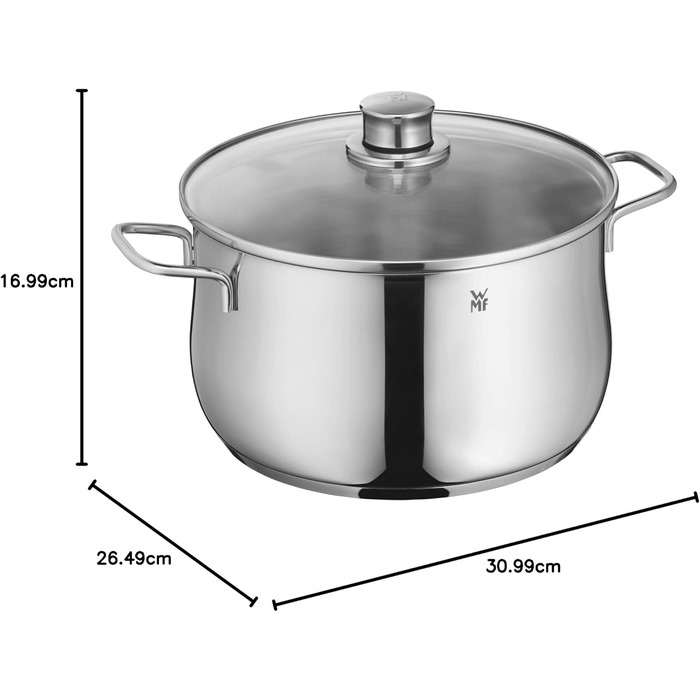 Велика каструля WMF Diadem Plus 20 см, 3,7 л, для індукції, з кришкою зі скла, полірована нержавіюча сталь Cromargan, без покриття