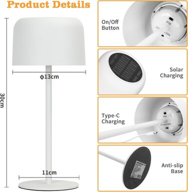 Світлодіодна настільна лампа Aigostar акумуляторна бездротова, димується сенсорним керуванням, 3 режими світла, водонепроникна IP54 для дому та саду (біла)