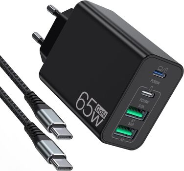 Зарядний пристрій USB-C 65W з 3 портами, кабель 2м, для MacBook, iPhone, Switch, Galaxy, Tablet, Laptop (Чорний)