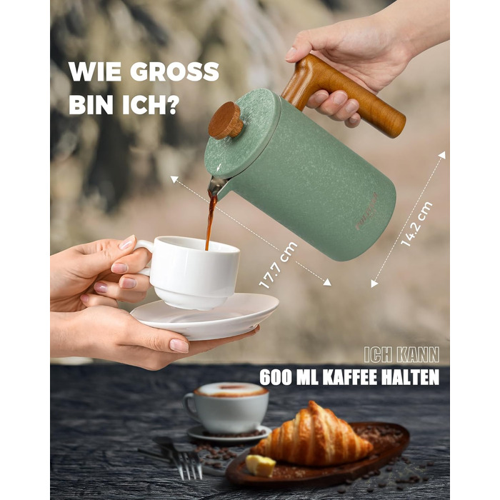 Френч-прес Poliviar 1 л / 8 чашок, з подвійними стінками, ізольований, для кави та чаю, з дерев'яною ручкою, Flatland (зелений)