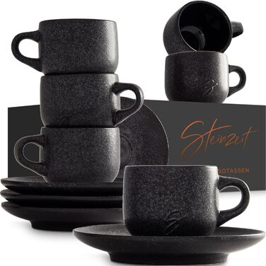 Stone Age Design Espresso Cups (6x80ml) - Espresso Cup Set with matching saucers - Espresso coffee cups made from 100% handmade - stackable cappuccino cups in black
