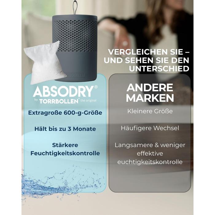 Безструмний осушувач повітря AbsoDry до 25 м² - з поповнюваним пакетом - з переробленого пластику - для вітальні, ванної кімнати, підвалу - осушувач для квартири - сірий