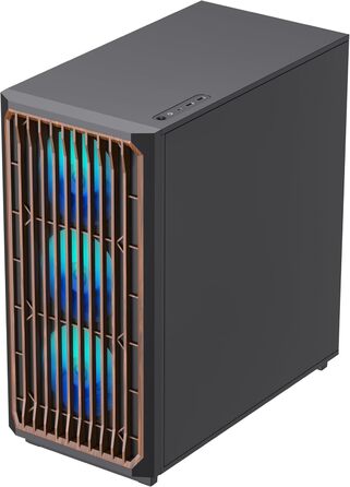 Корпус ПК GAMEMAX F45 Mid-Tower чорного кольору з дерев'яним декором, 4x ARGB PWM вентилятори, сумісний з BTF материнськими платами, скляна бічна панель, для геймінгу