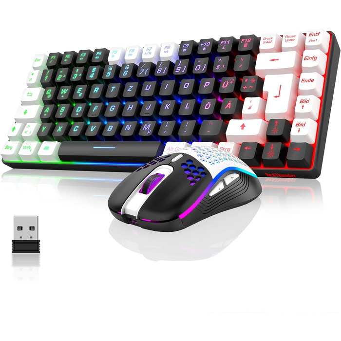 RedThunder Бездротовий ігровий комплект клавіатури та миші, DE TKL, 85 клавіш, перезаряджувана, 7200DPI, для PC/Mac/PS5/Xbox (біло-чорний)