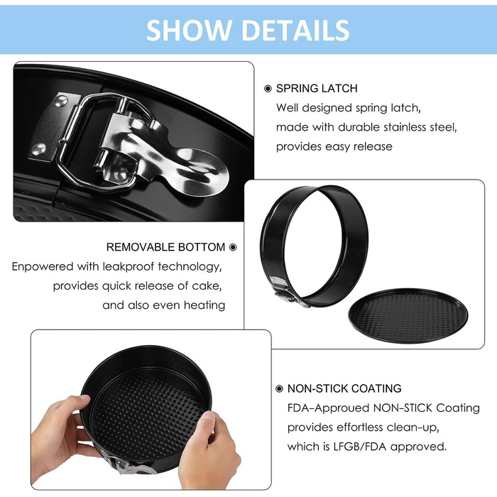 Набір форм для випікання тортів, круглі, знімний дно, антипригарне покриття, 3 розміри (10.2см, 18см, 22см)