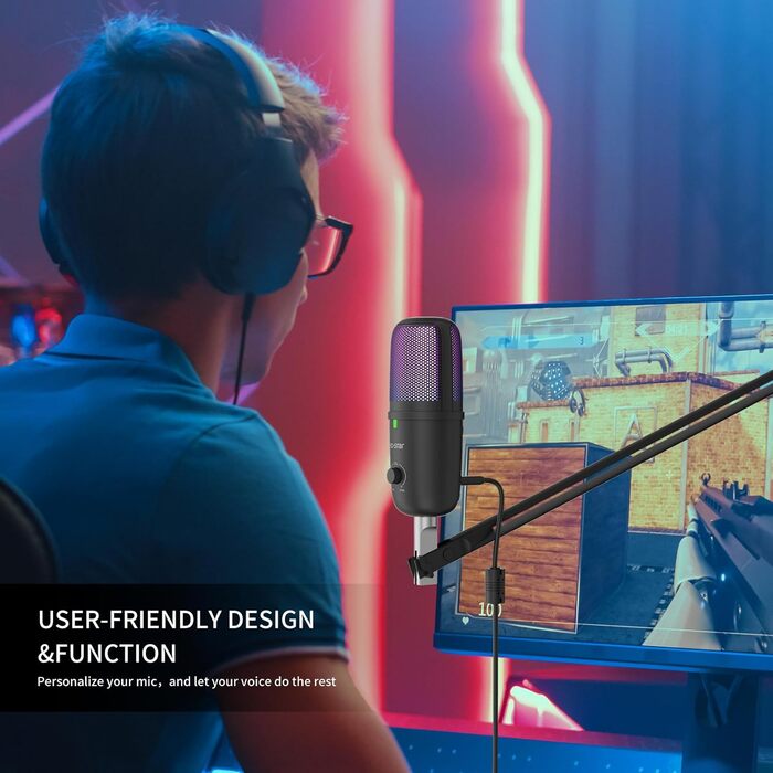 KO-Star USB мікрофон з RGB підсвіткою для ПК та смартфона – конденсаторний мікрофон зі штильником, регулятором підсилення, поп-фільтром та антивібраційним кріпленням для стрімінгу, подкастів та запису