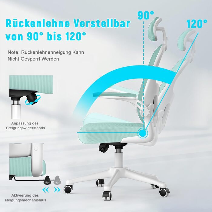 Офісний стілець Naspiro з регульованими підлокітниками, ергономічний, з сітчастою спинкою, підтримкою попереку, регульованою висотою, м'яким сидінням, поворотний на 360°, (зелений, з підголовником)