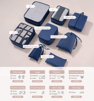 Органайзер для валізи Meowoo, набір 8 шт., Packing Cubes для подорожей та бізнесу, система зберігання багажу (Морська синя)