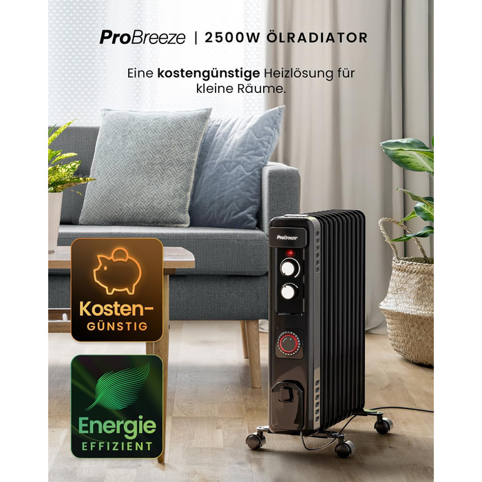 Pro Breeze 2500W Mini Oil Radiator with 11 Fins, Electric Heater, 24h Timer, Energy-Saving Oil Radiator, 3 Heating Levels, Adjustable Thermostat & Safety Shut-off Function - Black