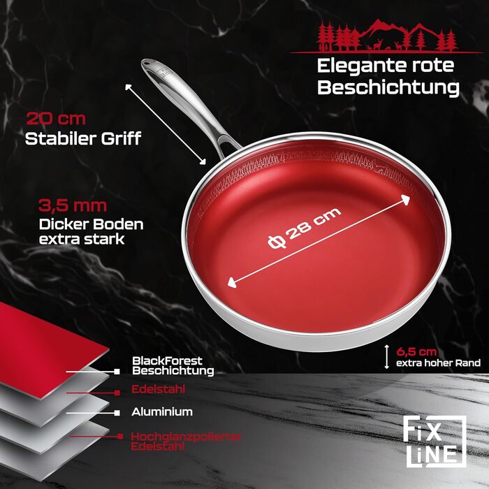 FIXLINE Black Forest Non-Stick Fry Pan - 28cm - RED Design - PTFE-Free - Compatible with All Cooktops (Including Induction) - Oven Safe up to 250°C - Easy to Clean - Ideal Gift