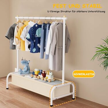Детский вешалка для одежды MISSLO с корзиной, белая. Компактная стойка для хранения детской одежды, выдерживает большую нагрузку. Размеры: 38 x 81 x 114 см