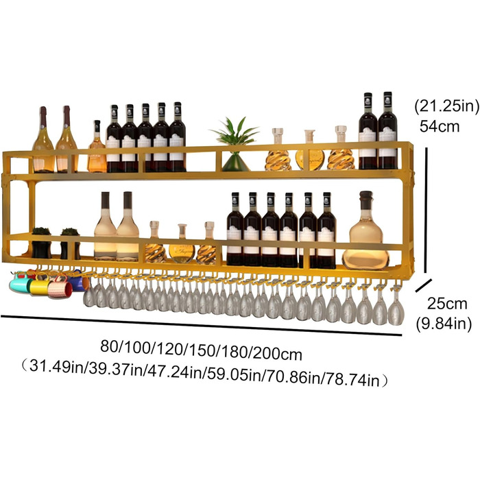Металева полиця для вина на стіну з підсвічуванням, 3 яруси, 150 см, чорний/золотий | Стенд для вин, вітрина для напоїв, міні-бар для дому