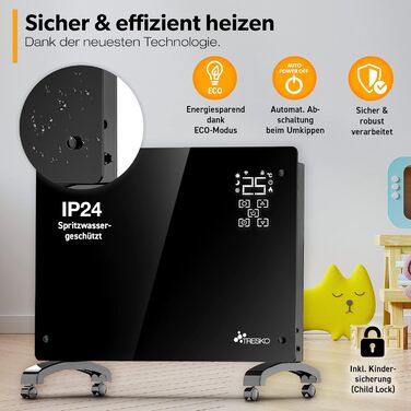 Електричний конвектор TRESKO® з Wi-Fi, LED-дисплеєм та таймером | Склокерамічний нагрівач | 2000 Вт (1500 Вт)