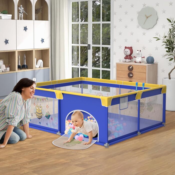 Дитячий манеж UISEBRT 150x180 см з 50 кульками, 4 кільцями, сумкою для перенесення, складаний, з дихаючою сіткою, синій з тваринами