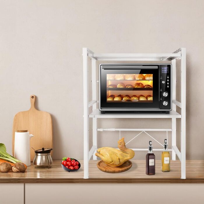 Поличка для мікрохвильової печі, 3 яруси, органайзер з гачками, розширювана, 40-64 см, з вуглецевої сталі, білий