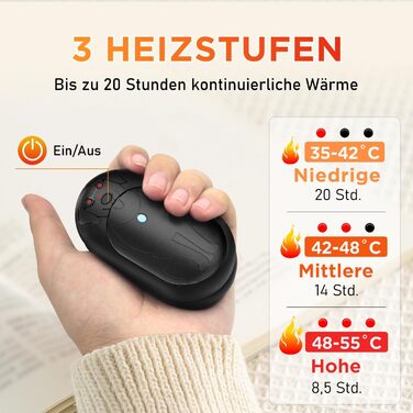 Електричний грієчка для рук, 2 шт., 6000 мАг, багаторазовий, 3 режими, 20 годин тепла, USB-зарядний, для активного відпочинку взимку, чорний