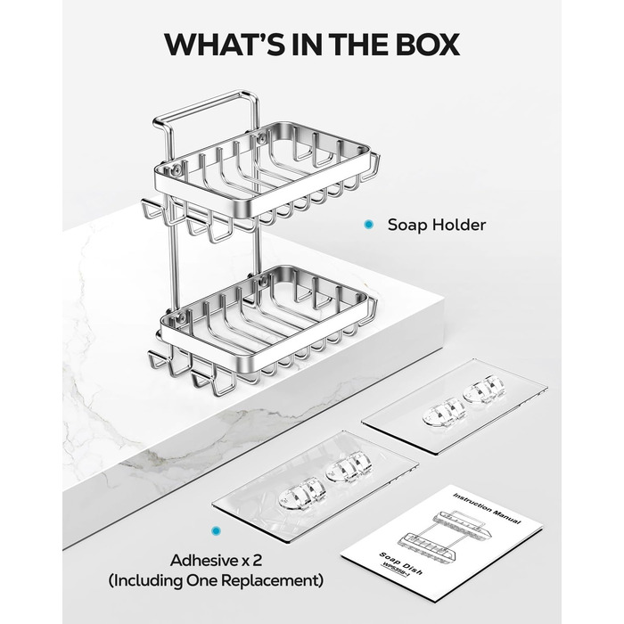 Підставка для мила Nieifi з двома ярусами та зливом, нержавіюча сталь, без свердління, для душової кабіни та ванної кімнати (срібляста)