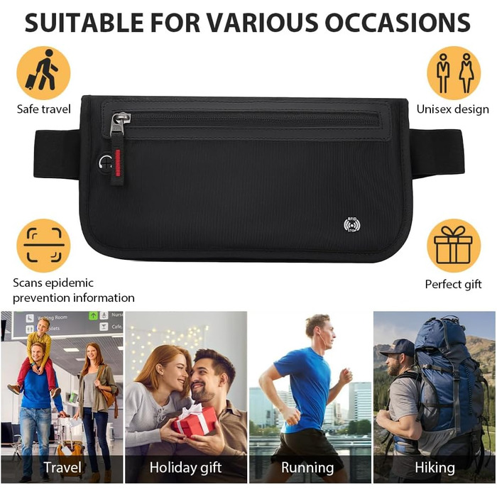 Чоловіча/жіноча поясна сумка DiULi, чорна, з RFID захистом, для подорожей, спорту та активного відпочинку