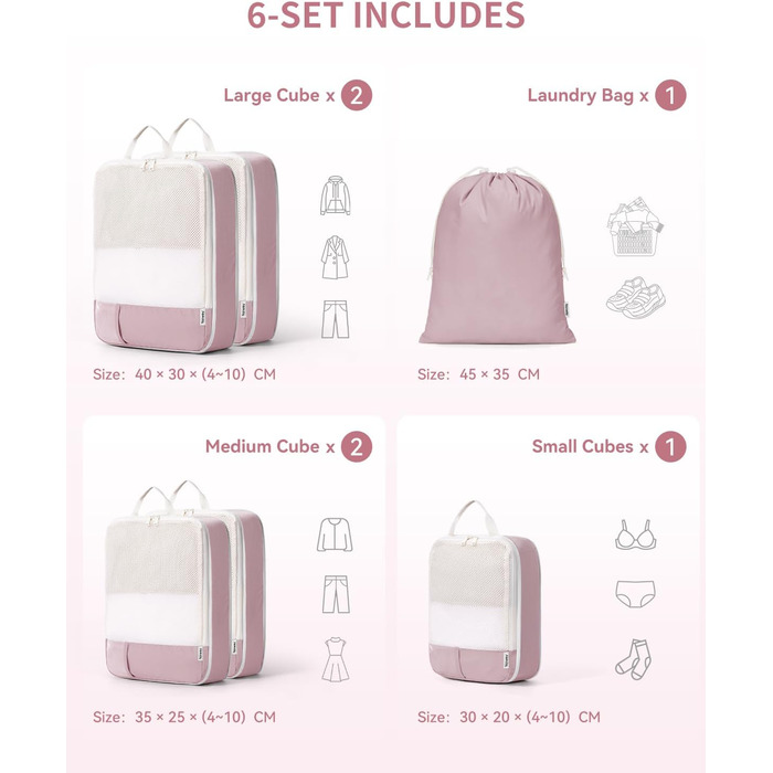 Набір органайзерів для валізи Narwey (6 шт.) - кубики для пакування з компресією, бежевий. Організація подорожей та зручне пакування речей.