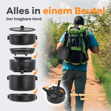 Набір кухонного посуду для кемпінгу на 2-4 особи: електричний та газовий котел 700W/2200W, посуд для кемпінгу, трекінгу, дому та вулиці (1 каструля + 2 сковорідки)