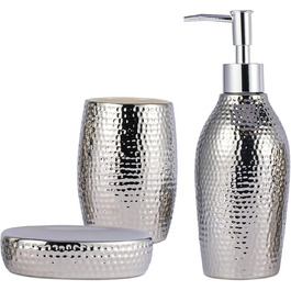 Silver Bathroom Accessories Set – 3-Piece Decorative Ceramic Bathroom Accessories Set with Lotion Soap Dispenser, Toothbrush Holder/Cup, and Soap Dish, Silver Gift Set for New Home Decor