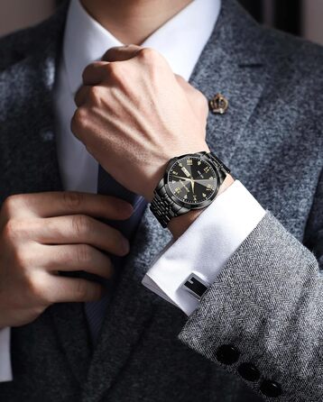 Годинник чоловічий PINDOWS Luxus Quarz аналоговий з датою та великим циферблатом, водостійкий, модний, бізнес-стиль. Елегантний двоколірний годинник з нержавіючої сталі з підсвічуванням календаря De650n1: Чорний