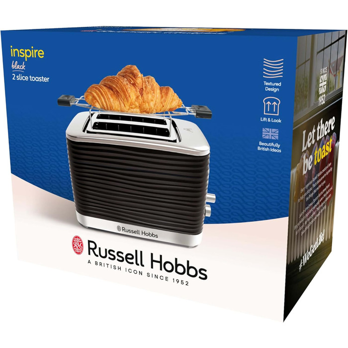 Тостер Russell Hobbs Inspire для 2 скибок, чорний, 6 режимів, широкі відділення, підставка для булочок, розморожування та підігрів
