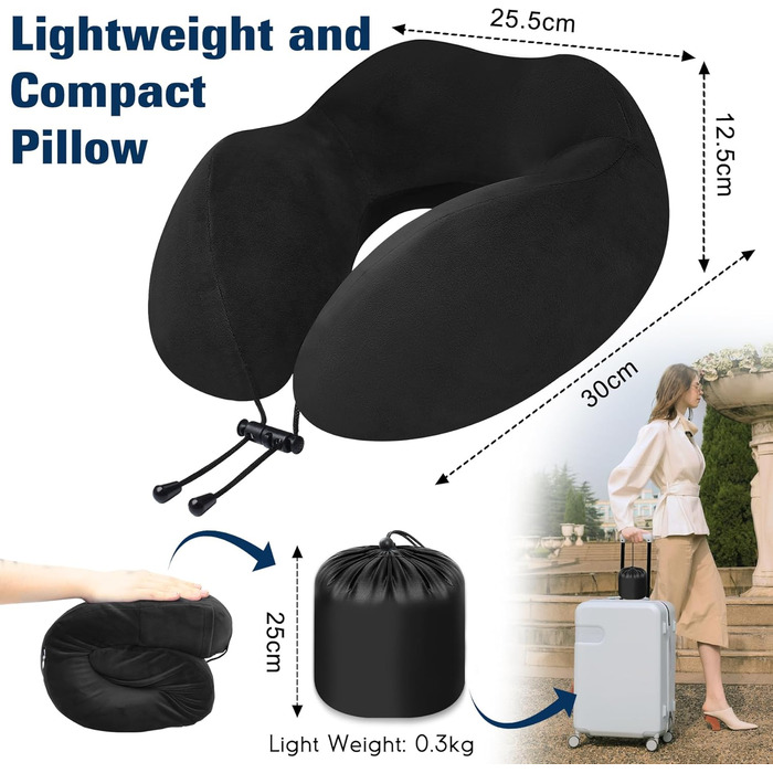 Подушка для шиї у вигляді звірка, Memory Foam, для дорослих, з маскою для сну та берушами, для подорожей, літака, офісу, авто, поїзда (Чорний)