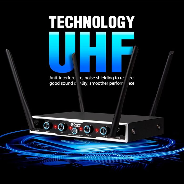 Debra 4-канальний UHF мікрофонний комплект з 16 частотами | 80м радіус дії, 4x Bodypack + мікрофон-гарнітура/петличний | Професійний звук для співу, караоке та конференцій (4 мікрофони)