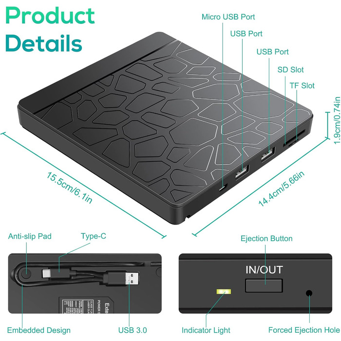 Зовнішній CD/DVD-привід Labtec для ноутбука Windows 11/10, USB 3.0 та Type-C, з картридером SD/TF та USB-хабом, портативний DVD-брунер