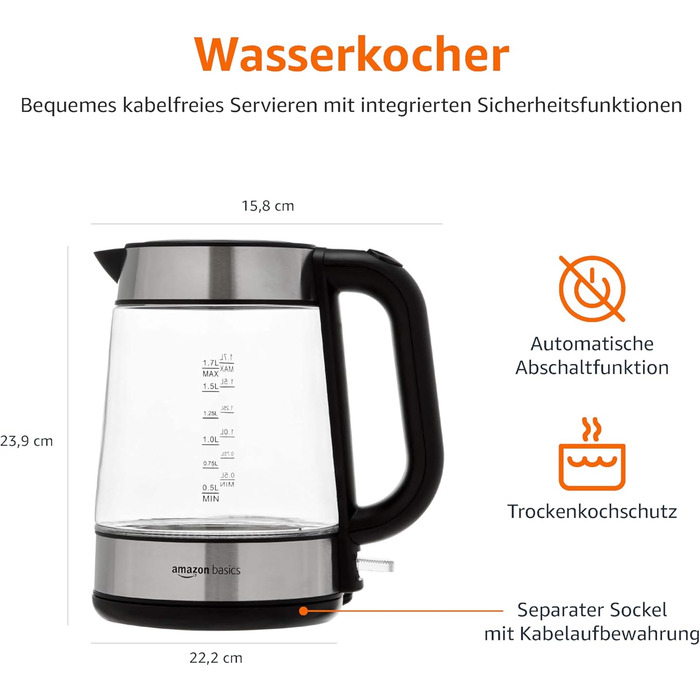 Amazon Basics Electric Glass Kettle, 1.7 L, 2200 W, Black, Silver
