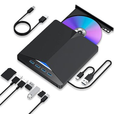 Зовнішній USB 3.0 CD/DVD-привід для ноутбука та ПК, портативний DVD-плеєр з 4 USB-портами та 2 слотами для TF/SD карт