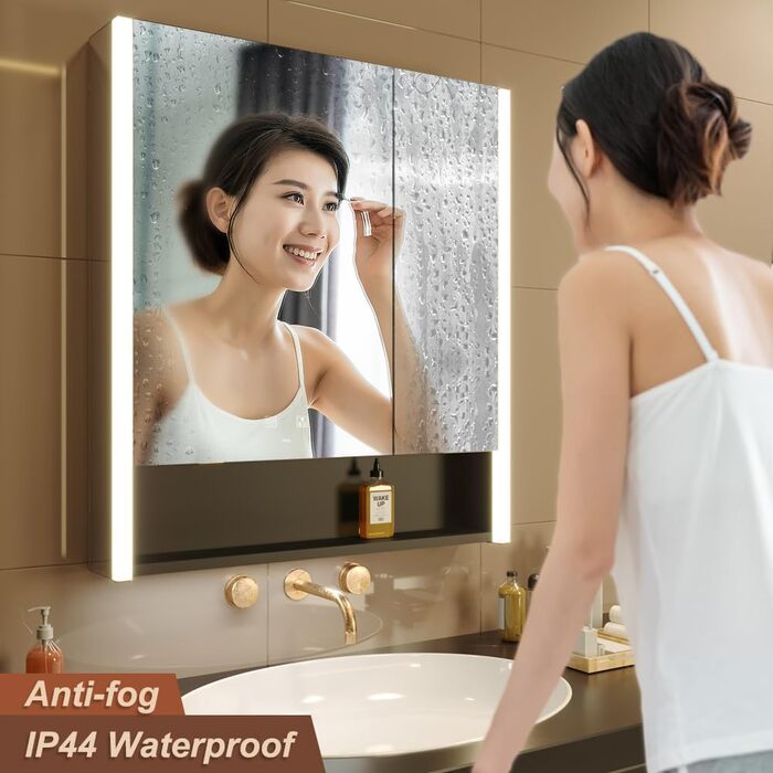 LED дзеркальна шафка у ванну кімнату KWW з підсвічуванням, регульованою температурою світла, антитуманним покриттям та USB-роз'ємами (2 дверцята, 80x70 см)