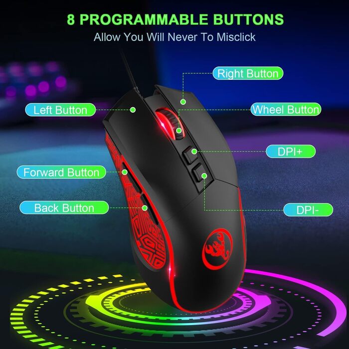 Ігровий комплект клавіатури та миші HXSJ V700: компактна клавіатура TKL з RGB-підсвічуванням та оптична миша з 7 кнопками (до 3600 DPI) для PC та Mac, чорний колір