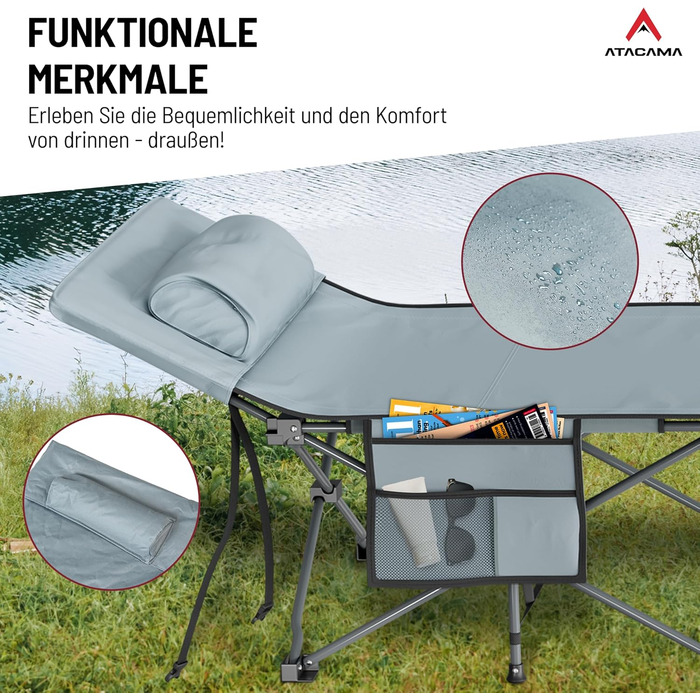 Ліжко похідне Atacama складане, ультралегке для кемпінгу та риболовлі, комфортне, портативне, розмір XXL 190x68x38 см