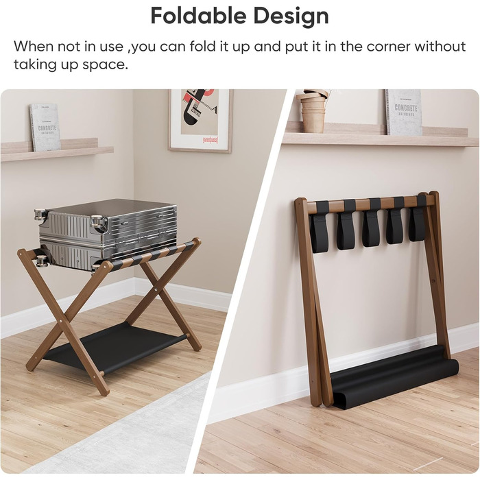 Smuxee Walnut Bamboo Luggage Rack for Guest Rooms, Folding Suitcase Stand with Storage Shelf, Lightweight Assembled Luggage Rack with 5 Nylon Straps for Guest Rooms Bedrooms Hotel