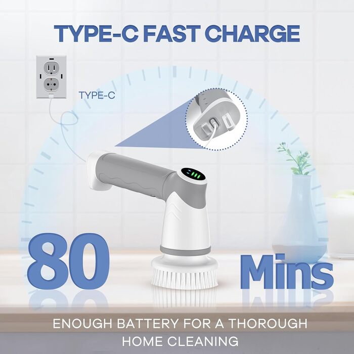 Electric Cleaning Brush for Bathroom, Electric Cleaning Brush with LED Display, Spin Scrubber with 5 Brush Heads, Handheld Cleaning Brush for Household, Floor, Car Tires, Type-C Fast Charging, 2 Modes