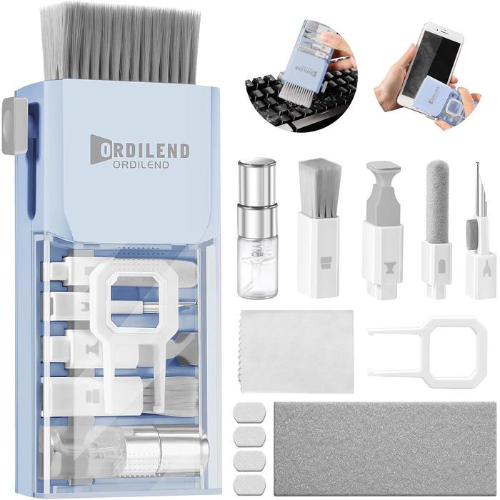 Набір для чищення клавіатури та ноутбука Ordilend: щітка, очищувач для MacBook, телефону, планшета, комп'ютера. Легкий у використанні та транспортуванні. Бренд Moranti, колір блакитний