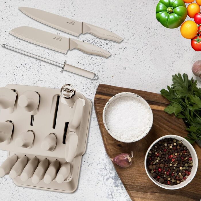 Набір ножів Joyfair 15 предметів з бруском, з високоякісної нержавіючої сталі, кухонний набір ножів для нарізки та подрібнення (Хакі)