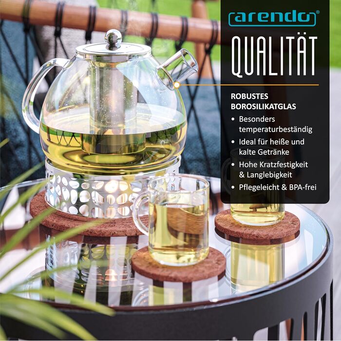 Скляний чайник Arendo з підставкою для підігріву та ситом, 1500 мл, термостійке боросилікатне скло, для листового, трав'яного та фруктового чаю