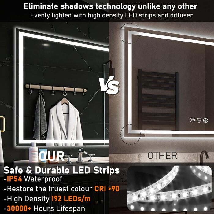 Дзеркало для ванної кімнати 50x70 см з підсвічуванням LED, антизапарююче, димування, 3 кольори світла, Bluetooth