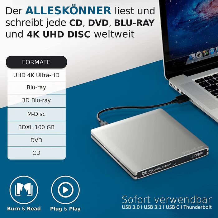 Зовнішній Blu-ray привід techPulse120 UHD 4K 3D M-Disc BDXL, USB 3.0 та USB-C, для ноутбуків та ПК (Windows, Mac OS), алюміній, сріблястий
