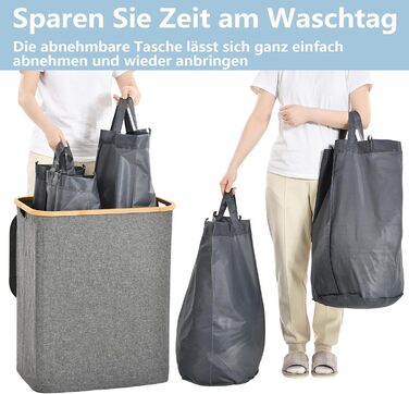 ROSOS Laundry Basket with Lid, 145L Foldable Laundry Basket with 2 Compartments and Removable Laundry Bag, Laundry Collector with Lid & Bamboo Handle, Waterproof Laundry Box with Lid, Grey